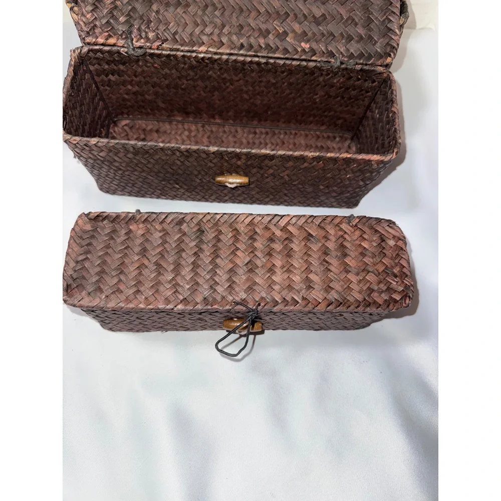 Set of 3 Nesting Woven Seagrass Storage Baskets Dark‎ Brown Rectangle Lidded Box